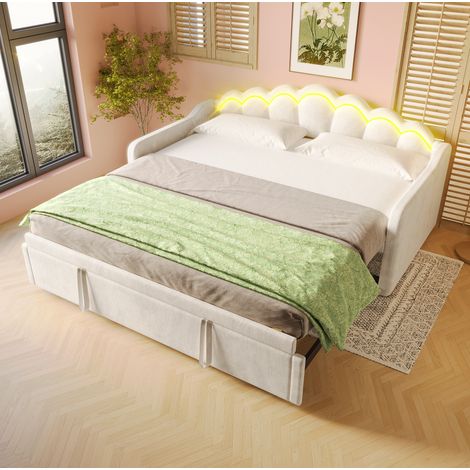 Canapé-lit gigogne en velours beige avec LED, extensible 90x200 à 180x200 cm, sans matelas (1/5)