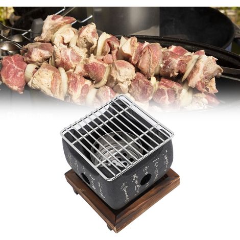 Tragbarer Grill aus Aluminiumlegierung (12 x 12 x 11 cm) mit Grillrost und Holzbrett – Mini-Holzkohlegrill im japanischen Design
