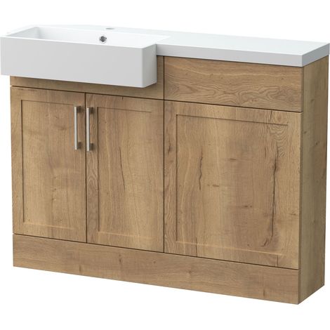 Pirehill Traditional Floor Standing Compact Vanity Basin WC Combination Unit with Polymarble Basin, Left Hand, 1100mm, Autumn Oak