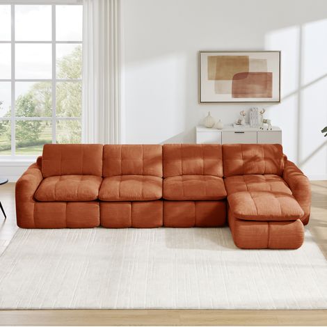 Divano modulare a L 334x160x68 cm, con pouf, senza montaggio, seduta ampia e profonda, ciniglia arancione (1/5)