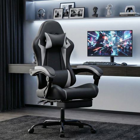 Silla ergonómica para gaming - 58,5 x 63 x 120,5 cm - Silla para gamers con reposapiés y soporte lumbar - Negro y blanco (1/5)