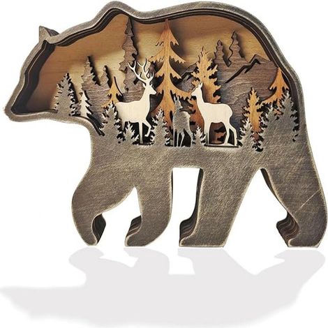 Figurine En Bois - Ours - Décoration Intérieure - Sculpture Artisanale Naturelle Pour Salon Chambre Cuisine - Marron - 1 Pièce (1/5)