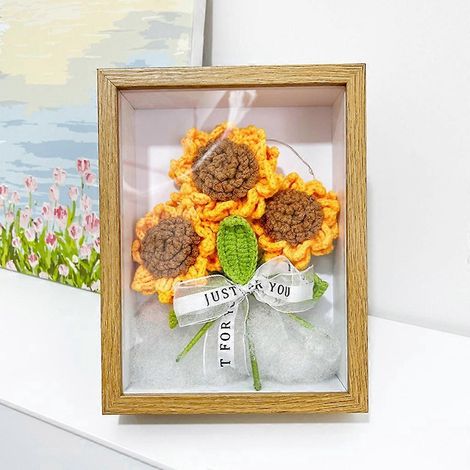 Holz-Fotorahmen, gehäkelte Sonnenblume, gestrickte Blume, Bastelbedarf