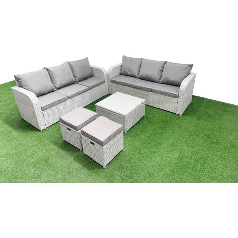 Fimous Outdoor Garden Furniture Sets 8 Seater Wicker Rattan Furniture Sofa Sets with Square Coffee Table high Back Lounge Sofa Stools Light Grey (1/4)