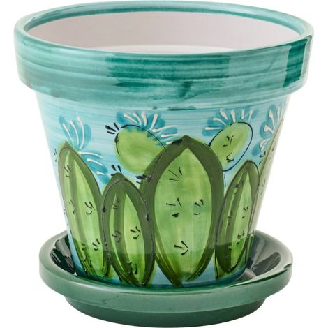 Cache pot en céramique motif cactus - multi vert et bleu (1/3)