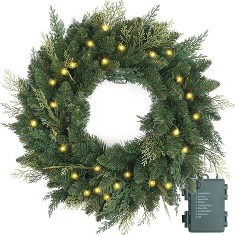 Couronne de Porte de Noël 50 cm avec LED, Branches de Cyprès, Minuterie et Fonctionnement à Piles (1/5)