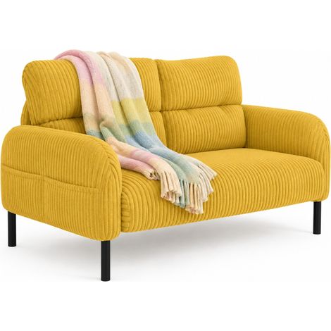 Divano 2 posti 120 x 75 x 79 cm in tessuto a coste giallo con tasca laterale - CHICFURN (1/5)