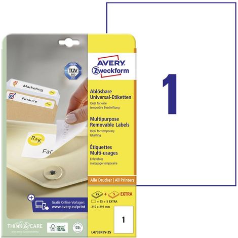 Avery-Zweckform L4735REV-25 Etichetta universale 210 x 297 mm Carta Bianco 30 pz. Staccabile Stampante a getto d'inchio