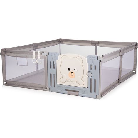 AMICO Parc bébé 180×200 cm avec porte, filets respirants et 2 poignées Taupe sans tapis