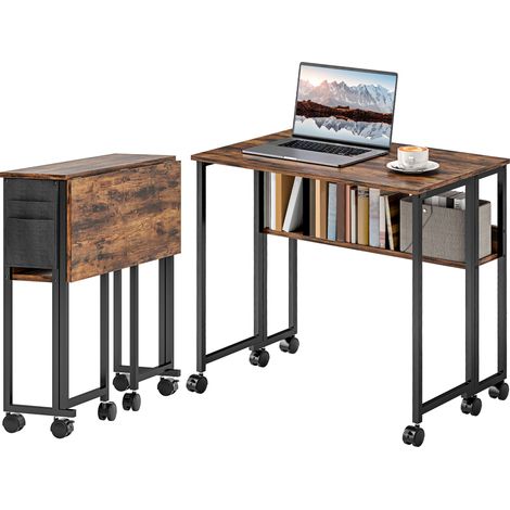 Bureau pliable sur roulettes 80x50 cm avec étagère et sac de rangement marron rustique