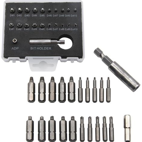 Set di 22 estrattori per viti danneggiate con cassetta degli attrezzi, portainserti magnetico e adattatore per bussole, per viti o bulloni danneggiati.