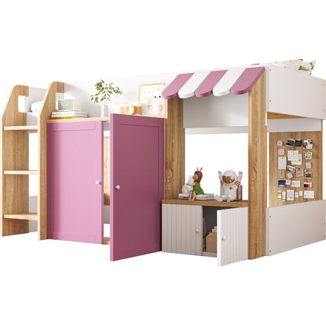 Lit mezzanine enfant maison 90 x 200 cm avec échelle large, rangement ouvert et porte, rose et blanc, pour chambre d'enfant - CHICFURN (1/5)