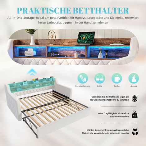 Canapé-lit 90x190 cm avec lit escamotable, velours beige, accoudoirs, tête de lit en bois avec rangement, éclairage LED, ports USB et Type-C, sommier à lattes, banquette d'appoint pour chambre d'amis  (1/5)