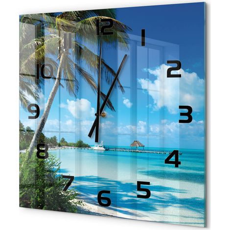 Grande Horloge Murale Carrée Décoration Murale Verre Trempé Design Artistique Plage tropicale 60x60 cm (1/5)