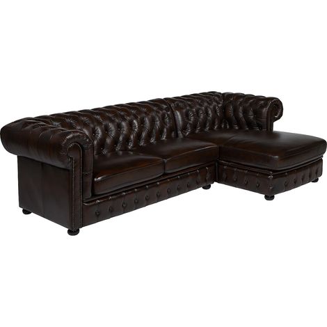 Divano angolare Chesterfield in pelle di bufalo 100% - Marrone con riflessi castani - Angolo a destra - BRENTON (1/5)