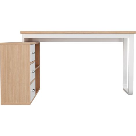 Escritorio de oficina moderno MDF y metal natural con 3 cajones y 2 estantes abiertos HOMVRA (1/5)