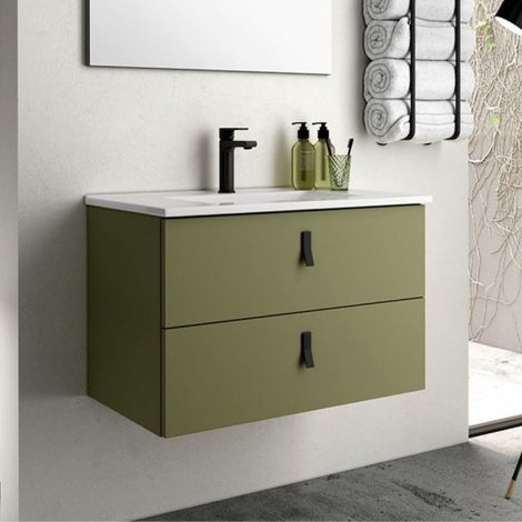 Mobile bagno sospeso Invicta con due cassetti colore verde oliva e maniglie nere 60x48x45 cm.