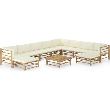 vidaXL Set de muebles de jardín 11 piezas bambú y cojines blanco crema (1/4)