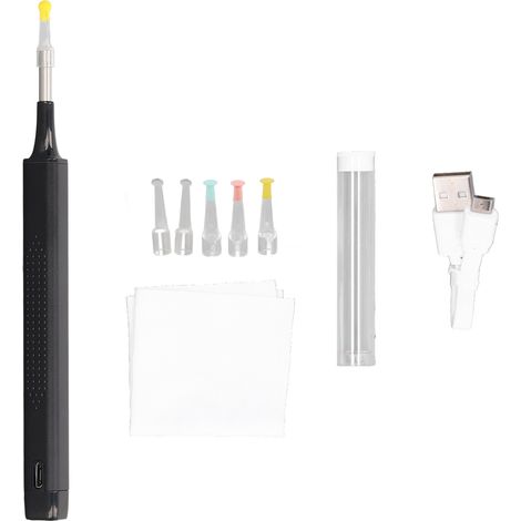 Kit d'oto-endoscope WiFi sans fil noir pour nettoyage des oreilles avec caméra et outil de retrait de cérumen (1/5)