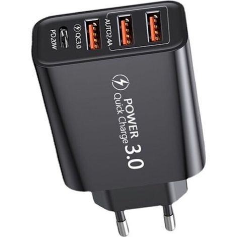 Universeller Reiseadapter für die EU mit 3 USB-Anschlüssen, einem Typ-C-Schnellladeanschluss und einem europäischen Standardstecker, in Schwarz.