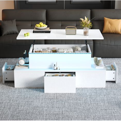 Tavolino sollevabile 100 x 50 x 40 cm con LED, 4 cassetti e vano nascosto, bianco DESVIAE (1/5)