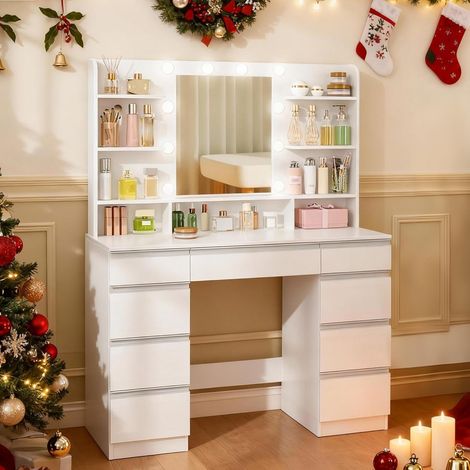 Coiffeuse enfant avec miroir HD et éclairage LED – 10 lumières réglables – 9 tiroirs et 9 étagères ouvertes – Blanc veiné bois — vue 3