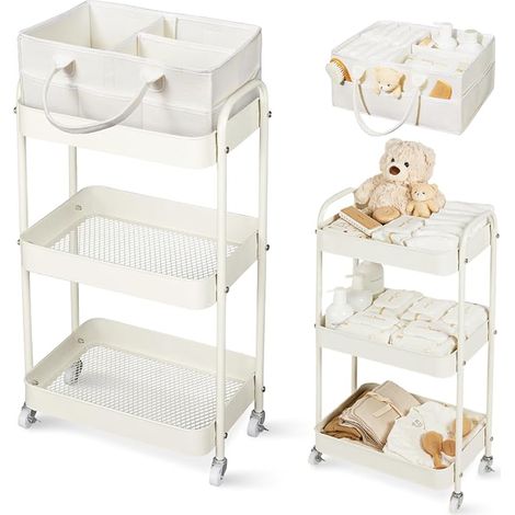 Desserte à Roulettes Panier Rangement Chariot Rangement Sac Langer Portable rangement Table Organisateur Cuisine Chambre Salle Bain (Beige) (1/5)