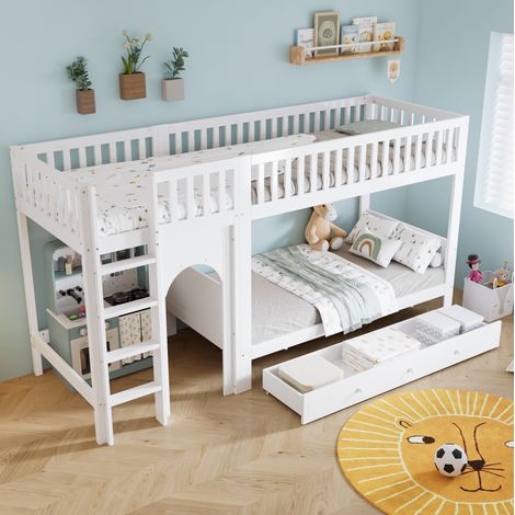Etagenbett 301x98.5x160 cm weiß/natur aus Massivholz und MDF mit Leiter und Rundum-Geländer (1/5)