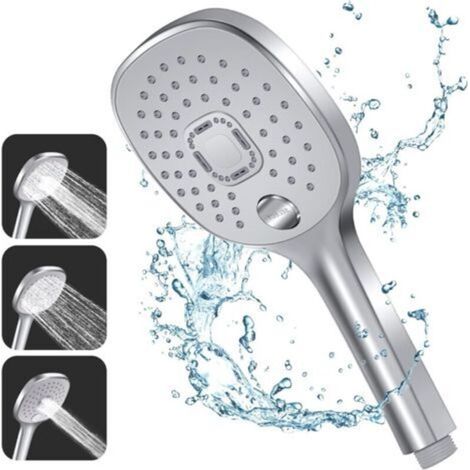 Pommeau de douche à 3 jets, poignée robuste et buse en silicone écologique, grand pommeau de douche argenté (pompon de douche sans flexible) (1/5)