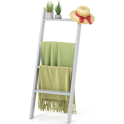 Échelle Porte Serviette Inclinée à 4 Niveaux, Étagère Salle de Bain en Bois de Pin, 50 x 7,5 x 136,5 cm, Gris (1/5)