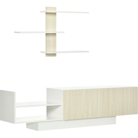 Mobile porta TV Irovami per soggiorno con supporto TV 150 x 31,5 x 40 cm e mensola a muro 95,5 x 16 x 60 cm, colore naturale.