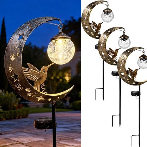 Lampada solare da giardino "Luna Colibrì" con picchetto, luci a forma di mezzaluna con uccellino e vetro craquelé, picchetto in metallo impermeabile, luce da giardino a LED bianco caldo (1/5)
