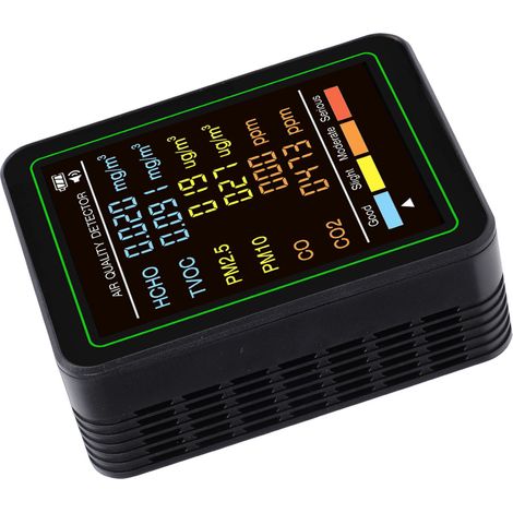 Monitor per la qualità dell'aria 6 in 1 con rilevamento di CO2, CO2, TVOC, HCHO, PM2.5, PM10, sensore a infrarossi, schermo LCD a colori, tester portatile per uso domestico, nero. (1/5)