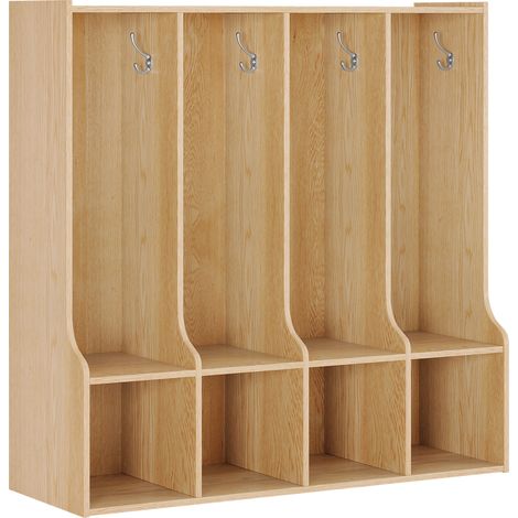 Vestiaire enfant 4 compartiments avec 4 casiers et 8 crochets – Rangement manteaux, livres, dossiers – Organisation chambre, école, crèche – Bois naturel – Couleur : bois naturel