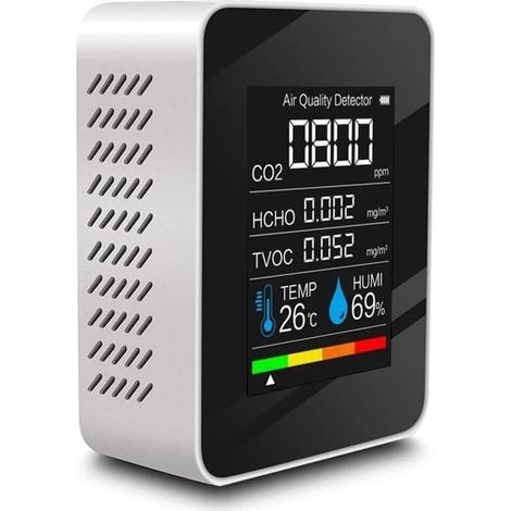 Professionnel Moniteur Qualité de l'Air 5 en 1 avec Capteur CO₂ Mesure en Temps Réel : CO2, HCHO (Formaldéhyde), TVOC, Température et Humidité Analyseur pour Intérieur Maison, Bureau, École (1/5)