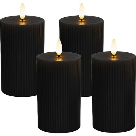 Candele LED Relaxdays, set da 4, HxD: 13 x 7,5 cm, fiamma tremolante, cera vera, scanalature, senza fiamma, nere (1/5)