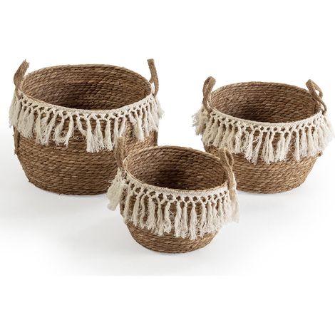 Set de 3 cestas Jula de fibra natural con asas, blanco/natural