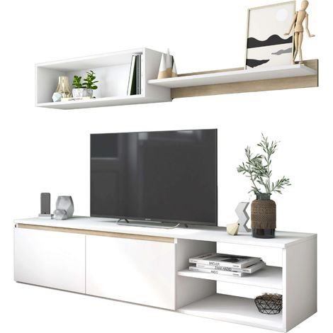 Modulo de TV para Salón Comedor Estilo Nórdico en Color blanco Mate y Roble Sahara 160 cm (1/5)