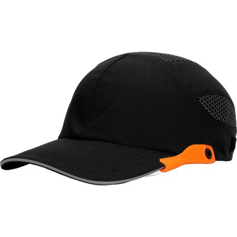 Casquette de baseball à visière respirante et ajustable, idéale pour le sport et le travail, noire avec bordure orange. (1/5)