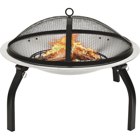 Foyer et barbecue avec tisonnier 2 en 1, Brasero Exterieur, Poêle Chauffant pour Terrasse 56x56x49 cm Inox LKF33178 (1/5)