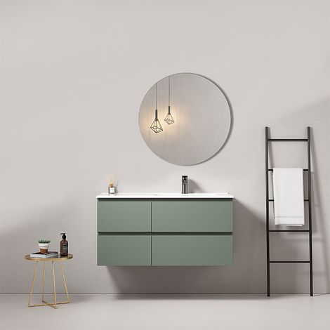 Mobile bagno sospeso 100 cm Verde Salvia Lavabo a Destra in Ceramica Specchio Tondo - Fiji Paint (1/5)