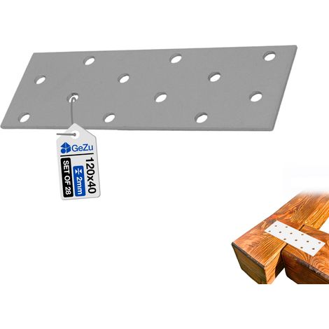 Lot de 28 Plaque d’assemblage plate galvanisée – 120 x 40 mm – Connecteur métallique perforé robuste pour fixation et renfort de structures en bois – GeZu Impex