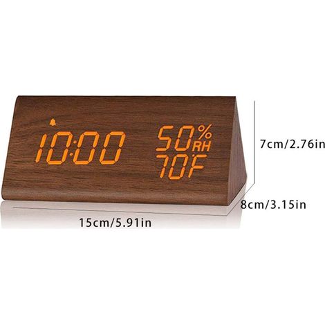 [LED-Digitalwecker] Multifunktionaler elektronischer Wecker aus Holz mit Temperatur-/Luftfeuchtigkeitsanzeige, 3 Weckzeiten, USB-Anschluss, 15 x 8 x 7 cm, PVC + ABS + Holz, Sprachsteuerung und automat
