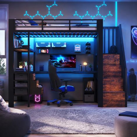 Lit mezzanine 251x96x170 cm en métal et MDF noir avec bureau et rangements, gain de place – MEUBLIV (1/5)