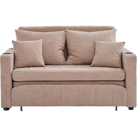 Sofá cama multifuncional de chenilla beige con puertos USB, portavasos y bolsillos laterales (1/5)