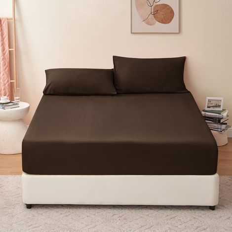 Drap Housse 180x200 Marron Chocolat - Drap Housse 180 x 200 Bonnet 40cm Matelas en Microfibre 2 Personnes, Très Doux et Respirant avec Élastique Tout Autour (1/5)