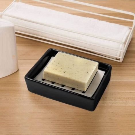 Porte-savon - Noir - Céramique et Acier Inoxydable 304 - Double Couche - Auto-drainant - Économiseur de Savon (1/4)