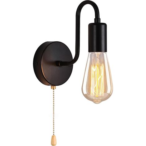 Murale Applique Avec Interrupteur Tirette Douille E27 Lampe Mural Industrielle Vintage Style Fer Noir (1/5)