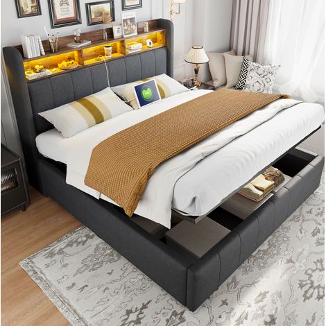 Cama matrimonio con almacenaje LED tapizada 160x200 OKMYHOME (1/5)