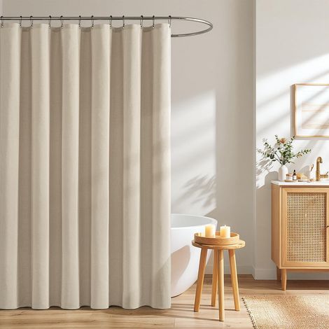 Rideau Douche 120x200 cm, Texture Lin, Anti Moisissure, Imperméable, avec 8 Crochets Métalliques, Rideau de Douche Lourds en Polyester de Luxe pour Hôtels, Beige (1/5)